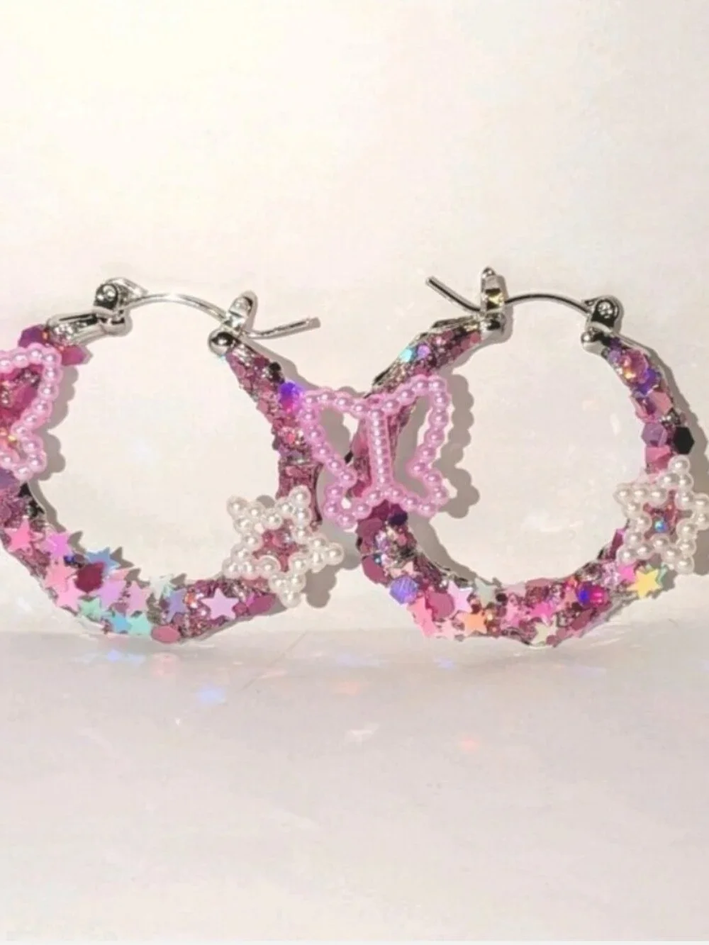 Handmade Pink Butterfly & Star Hoop Earrings - Pink Sparkle For Kids And Adults